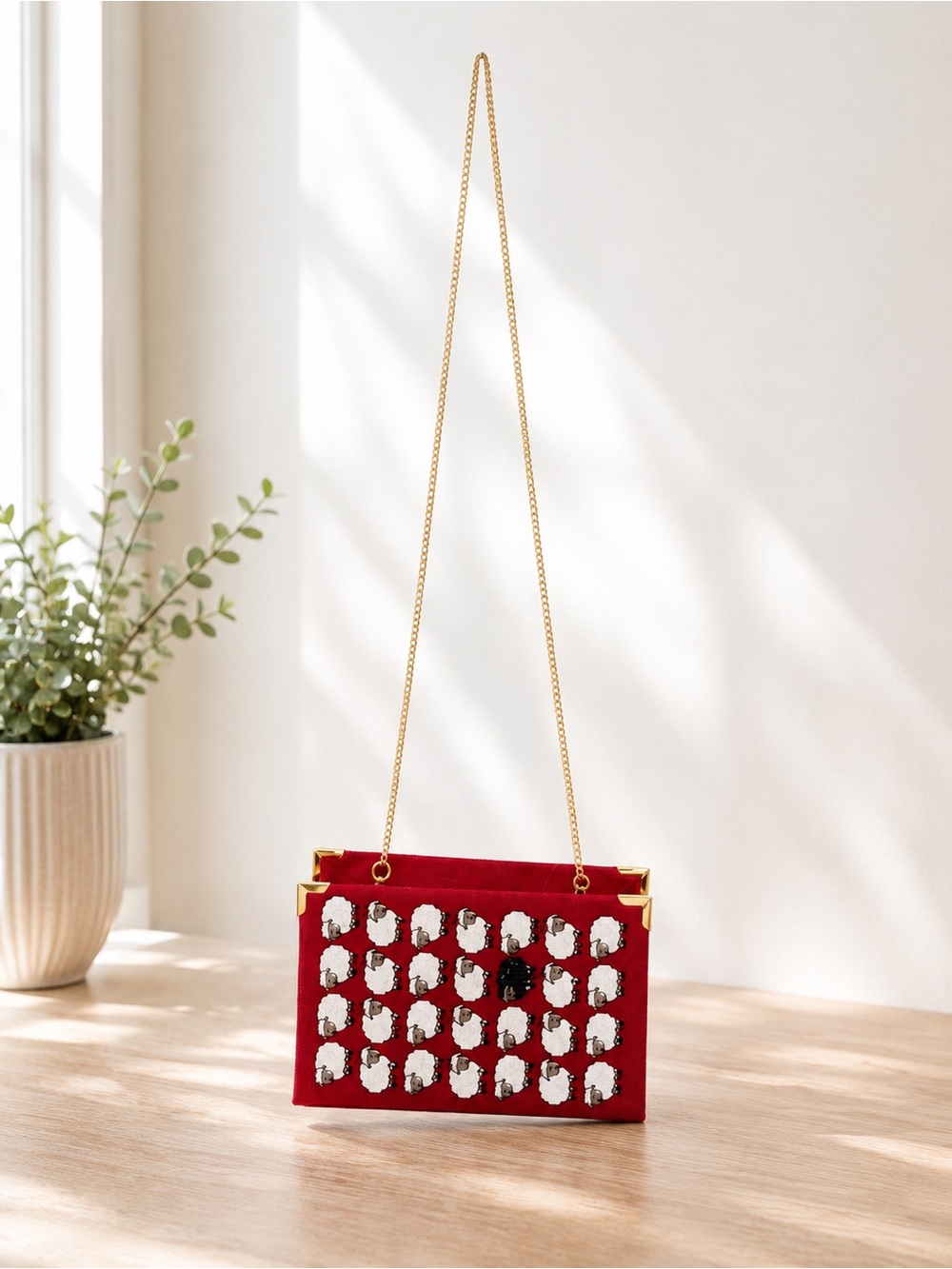 Red Velvet Wristlet Clutch with Gold Chain and Stud Embellishments
